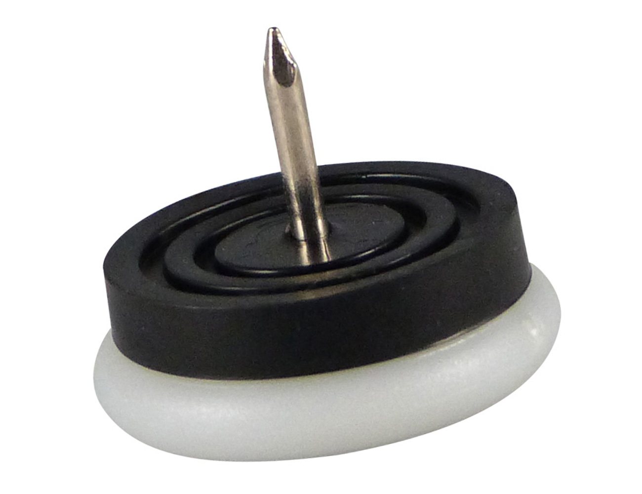 Nail-on glides with plastic pad and self-aligning nail