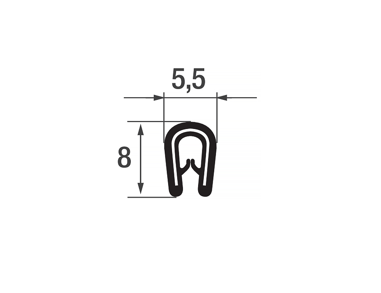 Flexible edge trim 8x5.5mm - PVC with steel spine - clamping range 0.8-1.5mm