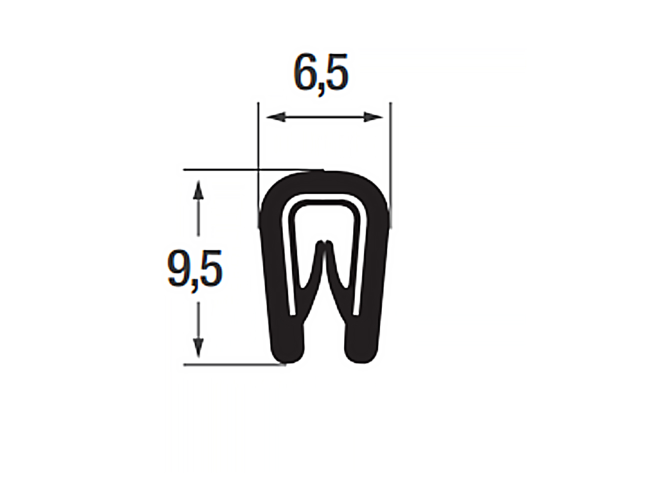 Flexible edge trim 9.5x6.5mm - PVC with steel spine - clamping range 1-2mm