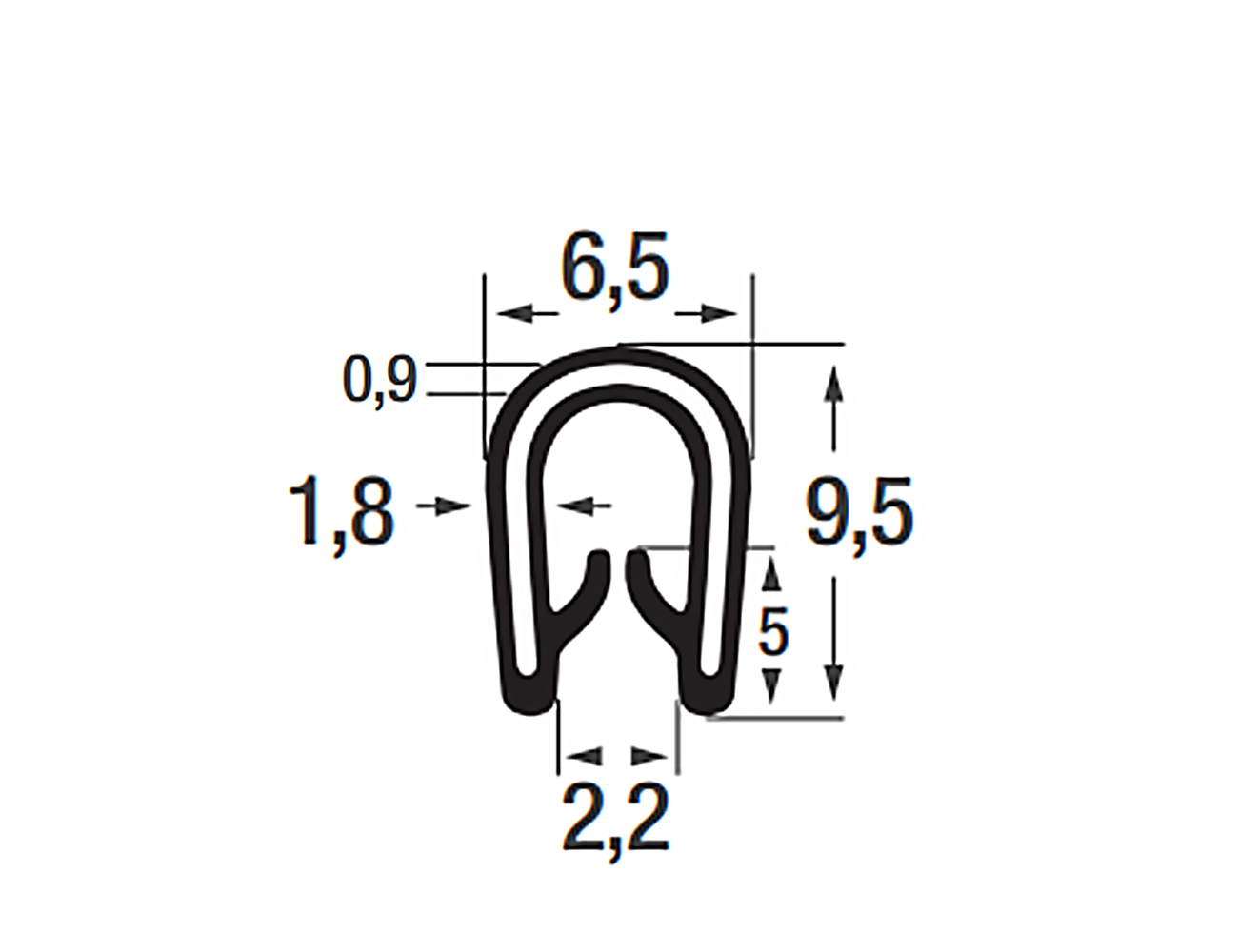 Flexible edge trim 9.5x6.5mm - PVC with POM spine - clamping range 1-2mm