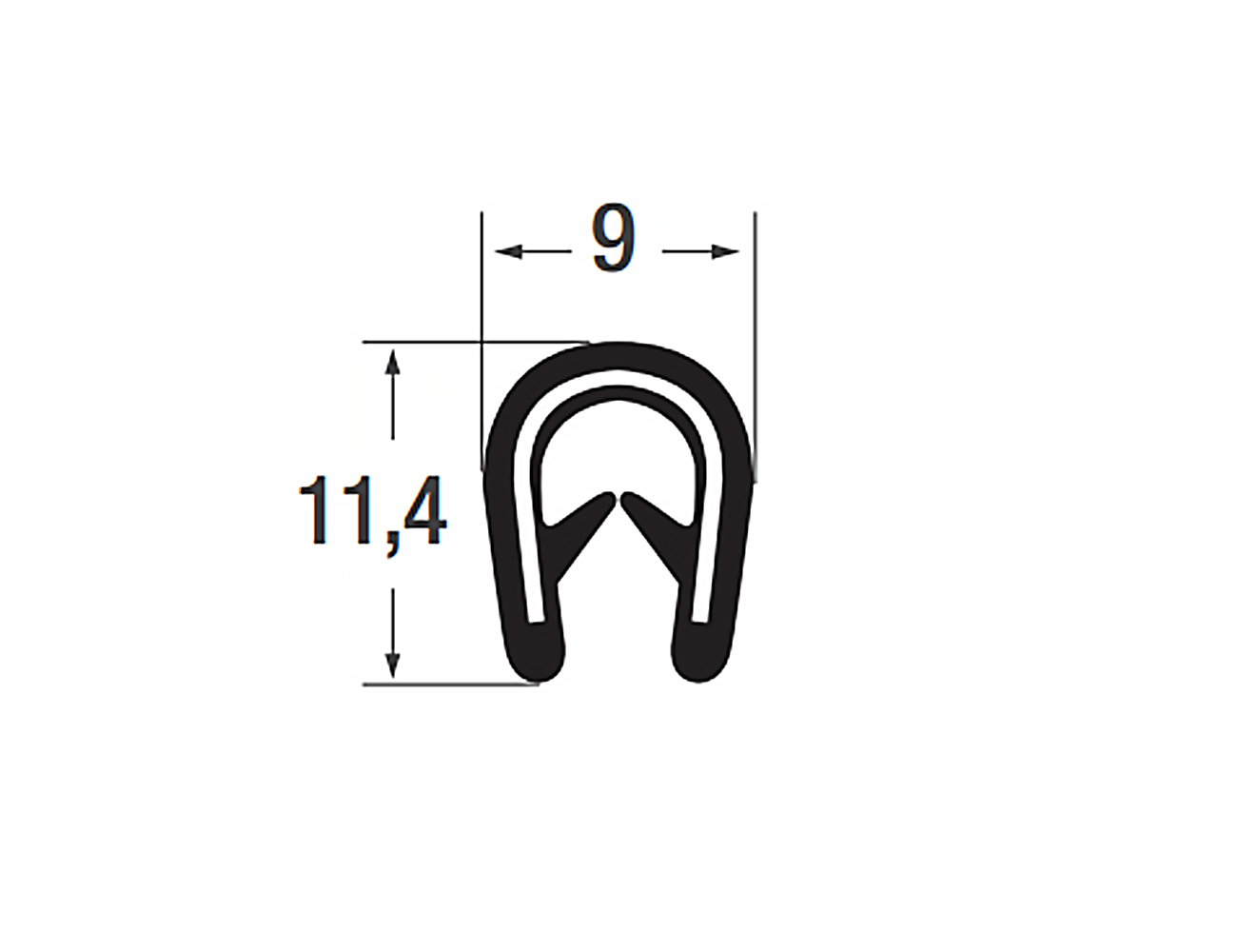 Flexible edge trim 11.4x9mm - PVC with steel spine - clamping range 2-4mm