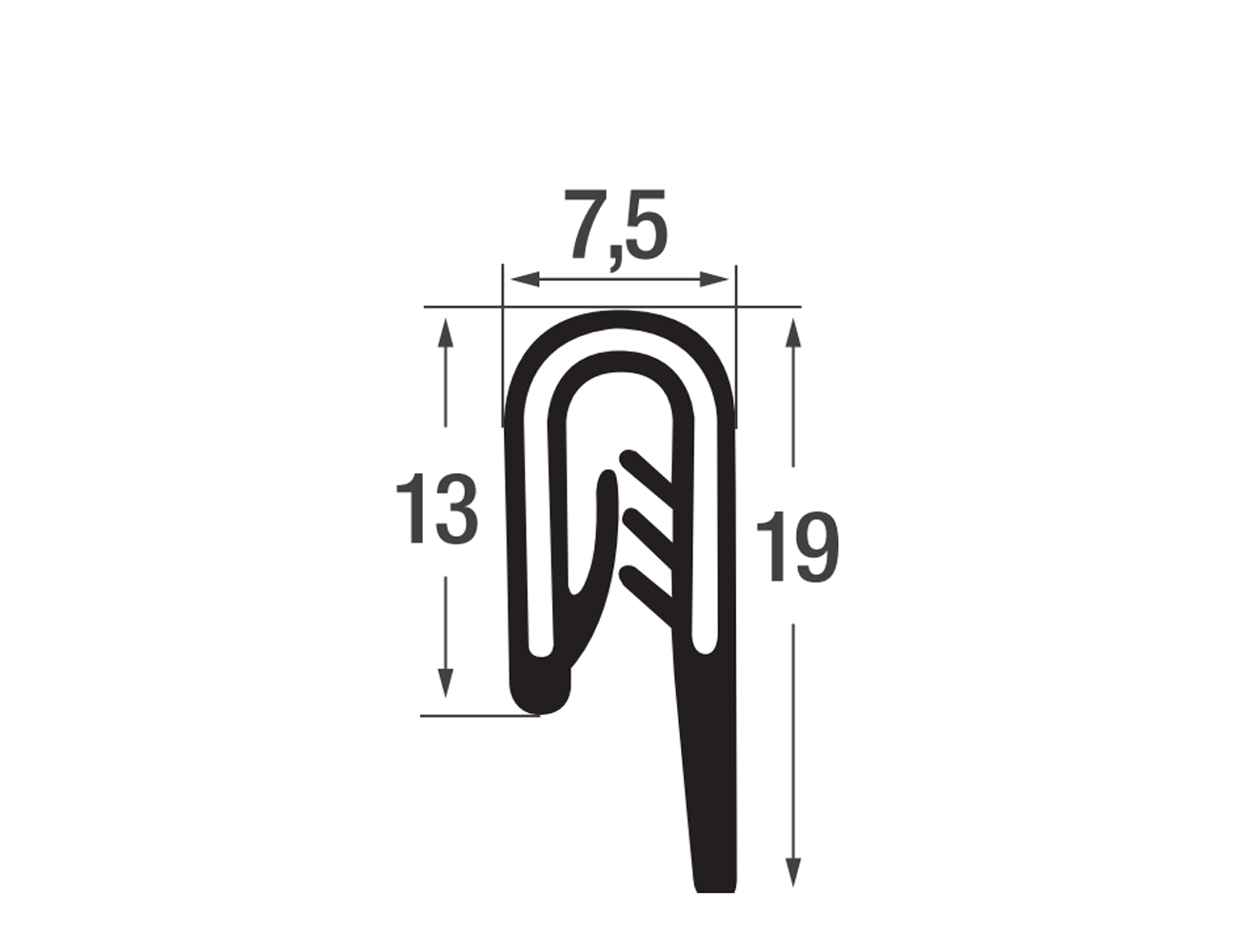 Flexible edge trim 13/19x7.5mm - PVC with steel spine - clamping range 1.5-2mm