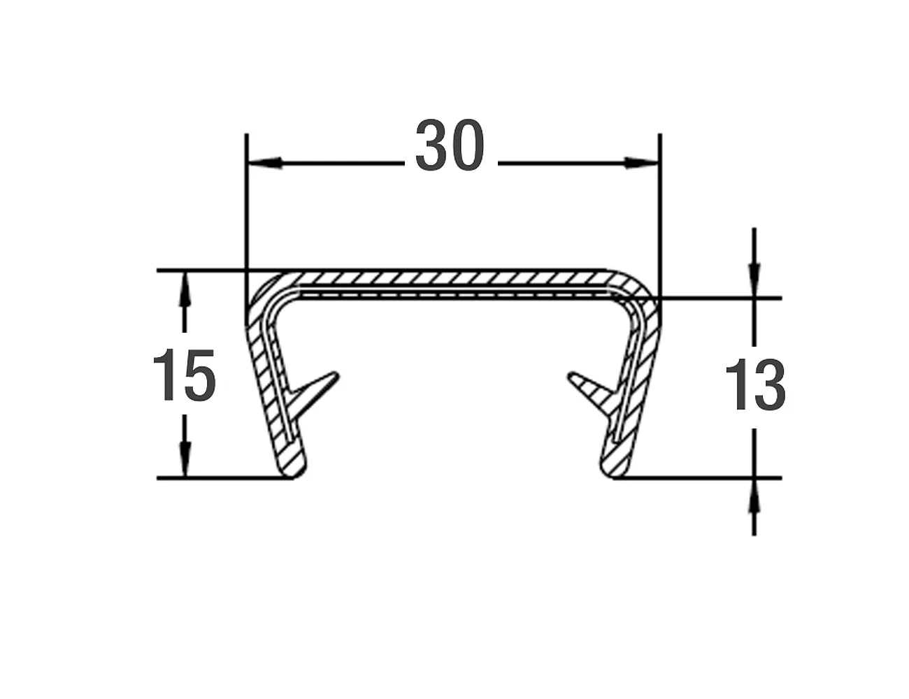 Flexible edge trim 15x30mm - PVC with steel spine - clamping range 20-23mm