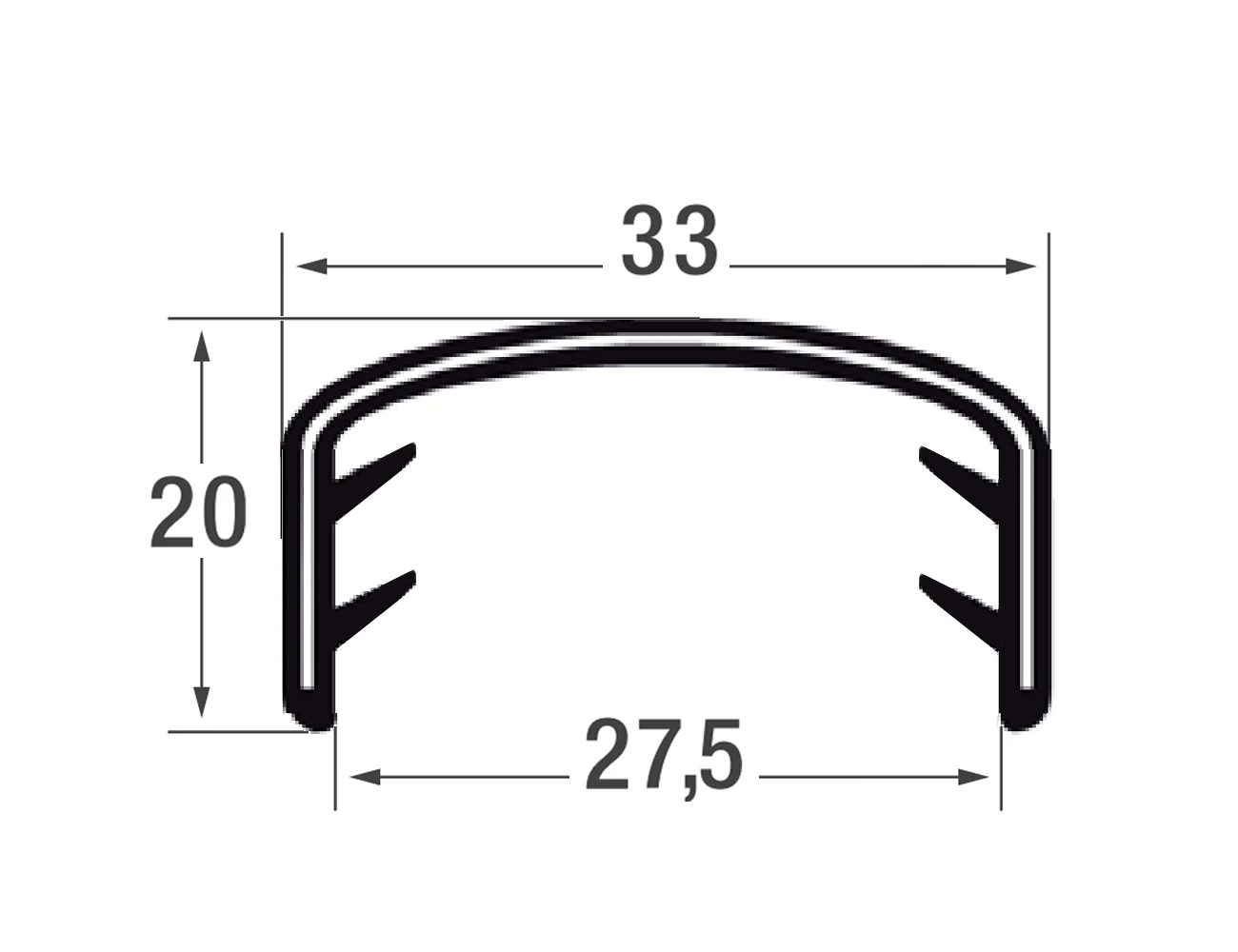 Flexible edge trim 20x33mm - PVC with steel spine - clamping range 24-27mm
