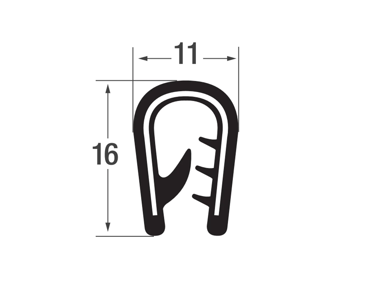 Flexible edge trim 16x11mm - PVC with steel spine - clamping range 2-6mm