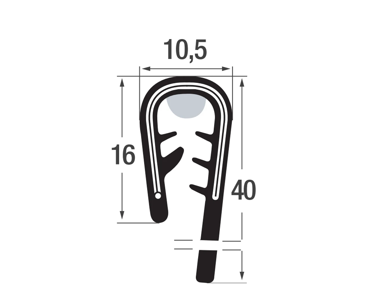 Flexible edge trim 16/40x10.5mm - PVC with steel spine & butyl sealant - clamping range 3-5mm