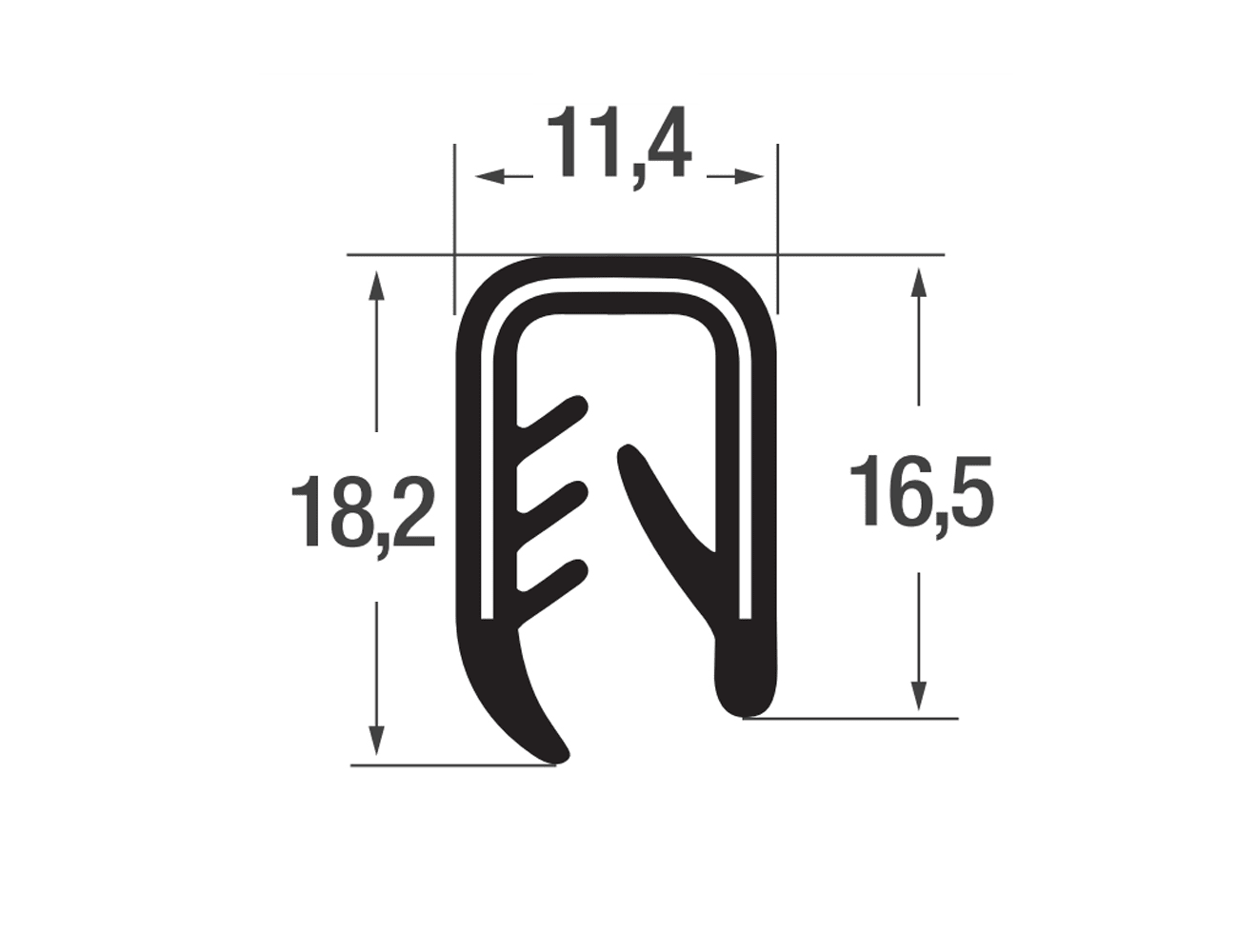 Flexible edge trim 16.5x11,4mm - PVC with steel spine - clamping range 4-6mm