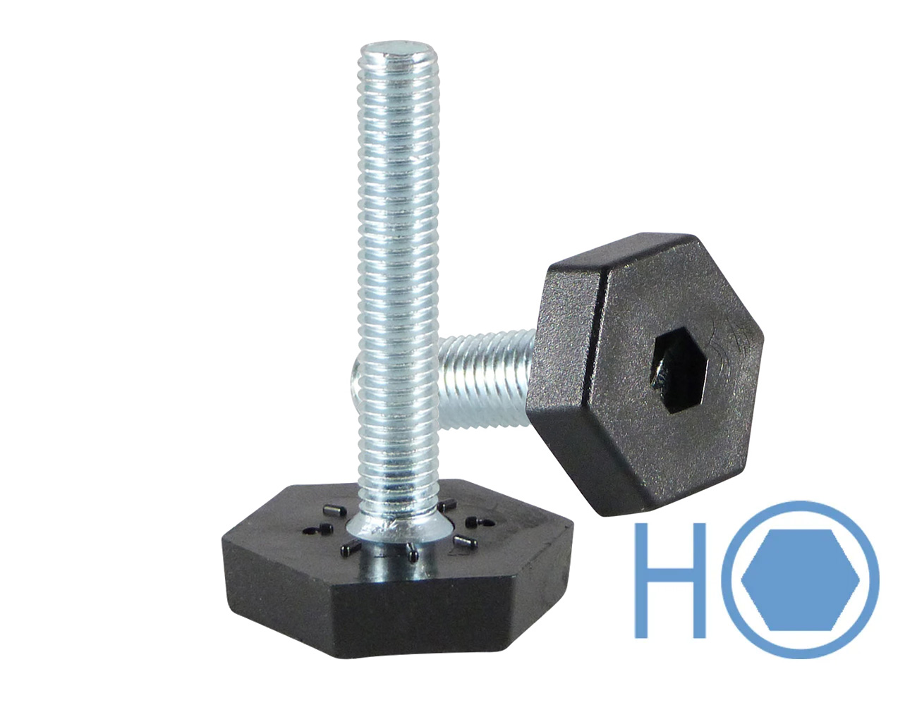 Levelling foot with fixed hexagonal base and hexagonal socket