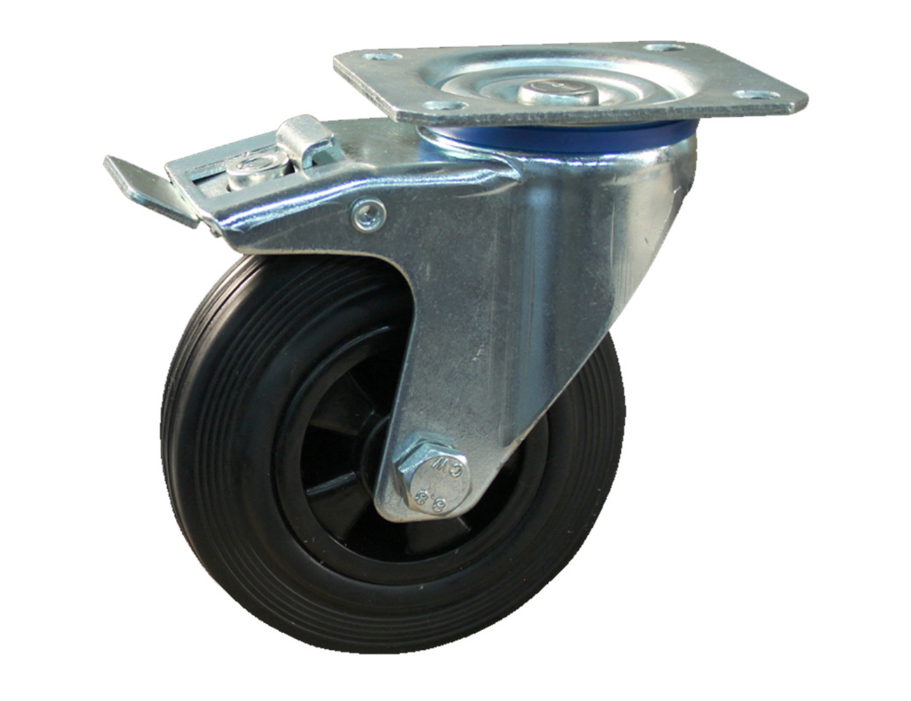 Swivel caster with brake – plate - solid rubber tyre on plastic rim