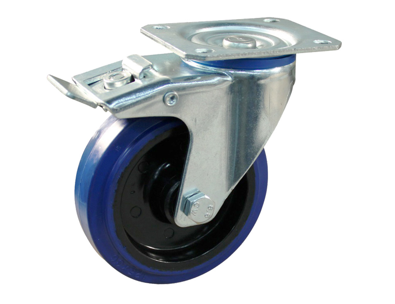 Swivel castor with brake – mounting plate - blue rubber tyre