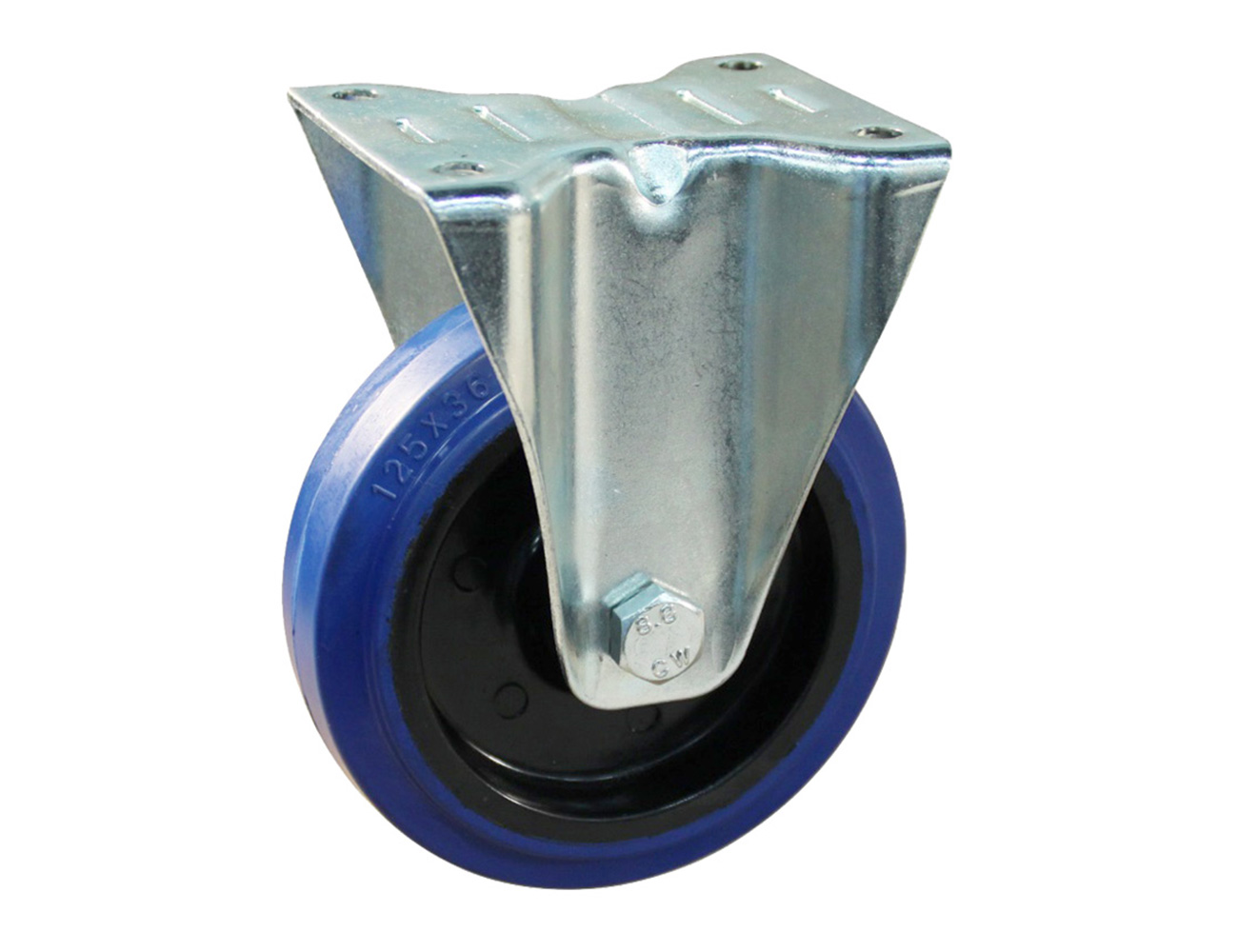 Fixed castor – mounting plate - blue rubber tyre