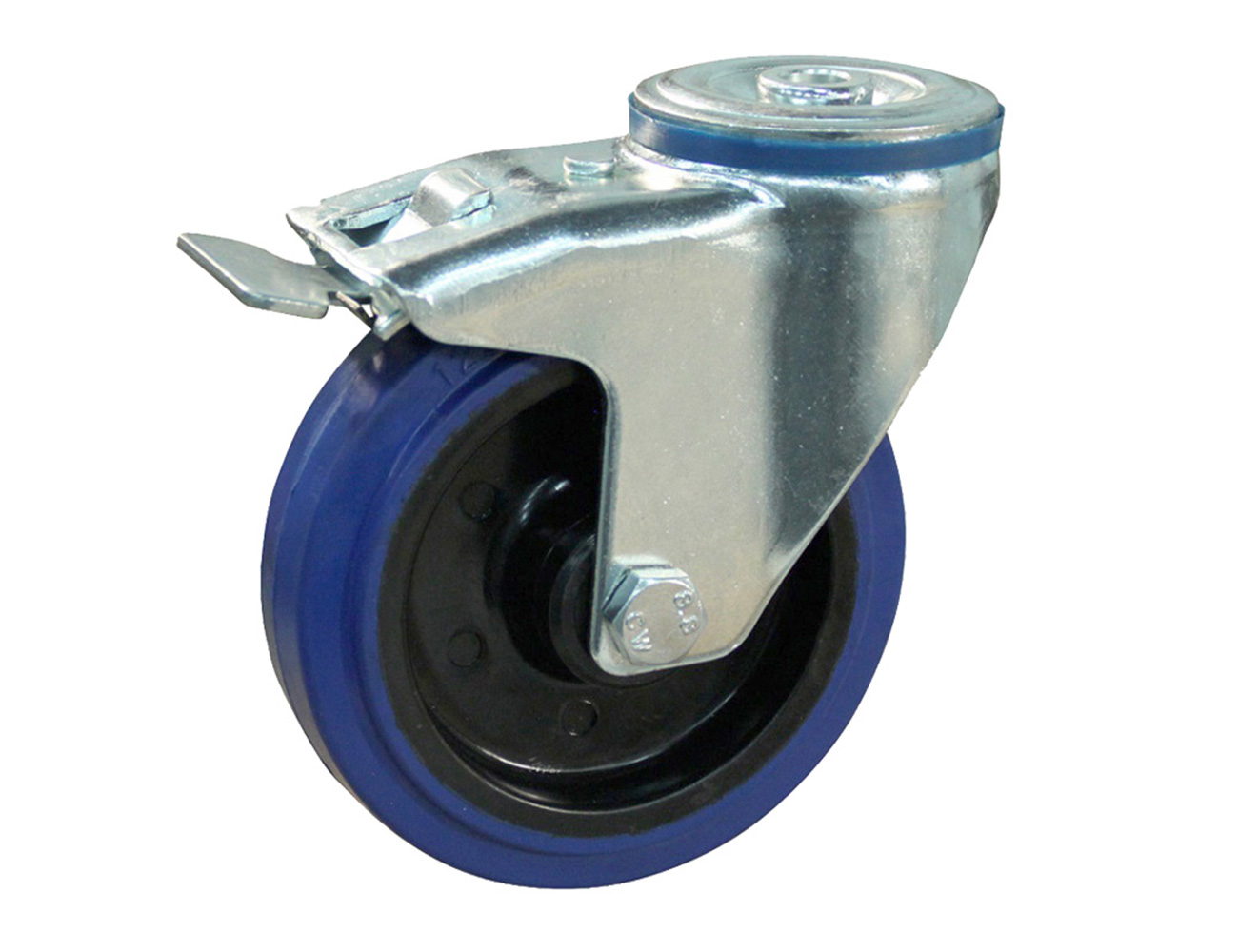 Swivel castor with brake – centre mounting hole - blue rubber tyre