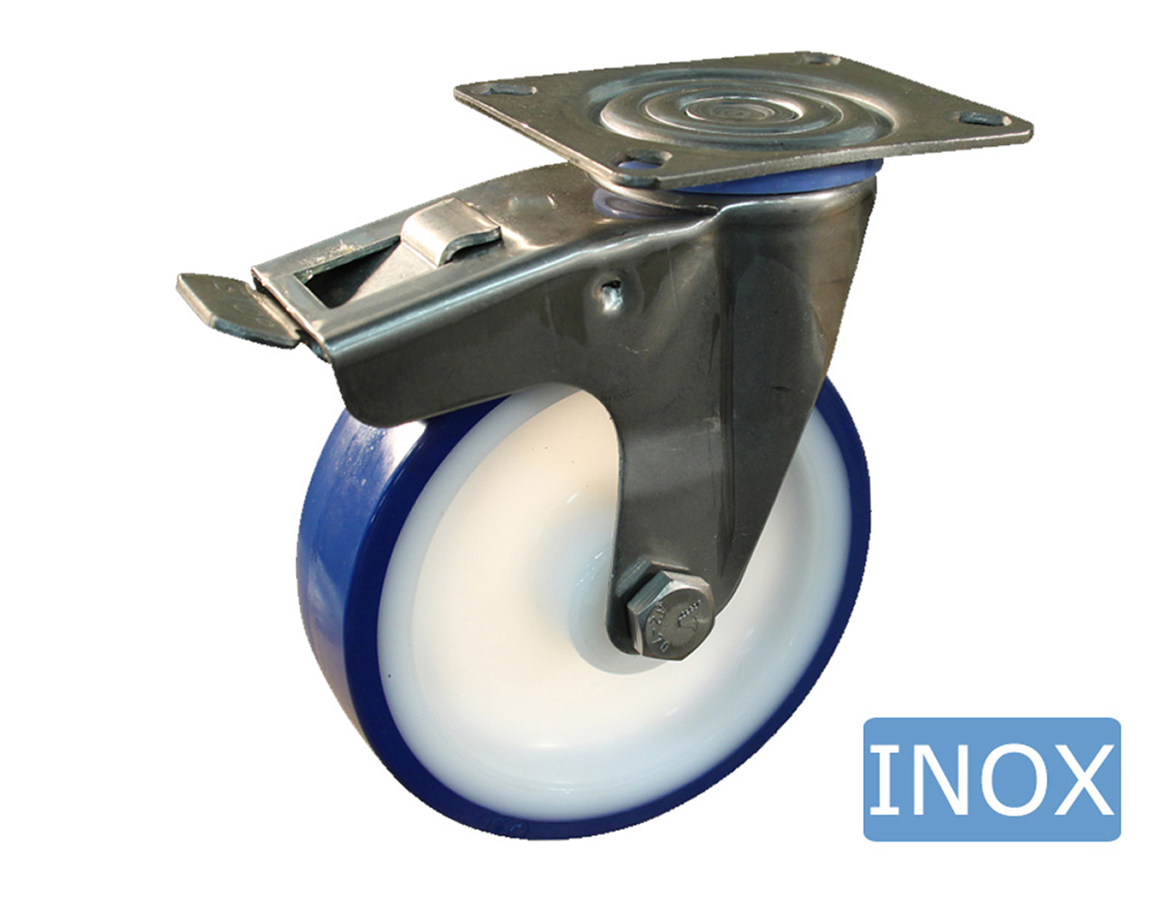 Hygienic, stainless steel swivel castor with brake – mounting plate - TPU tyre