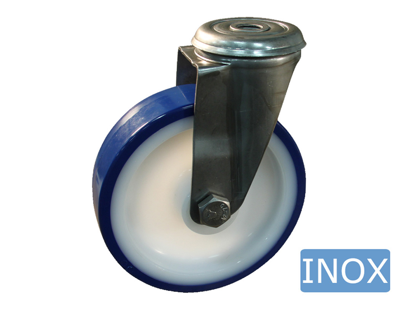 Hygienic, stainless steel swivel castor – centre mounting hole - TPU tyre