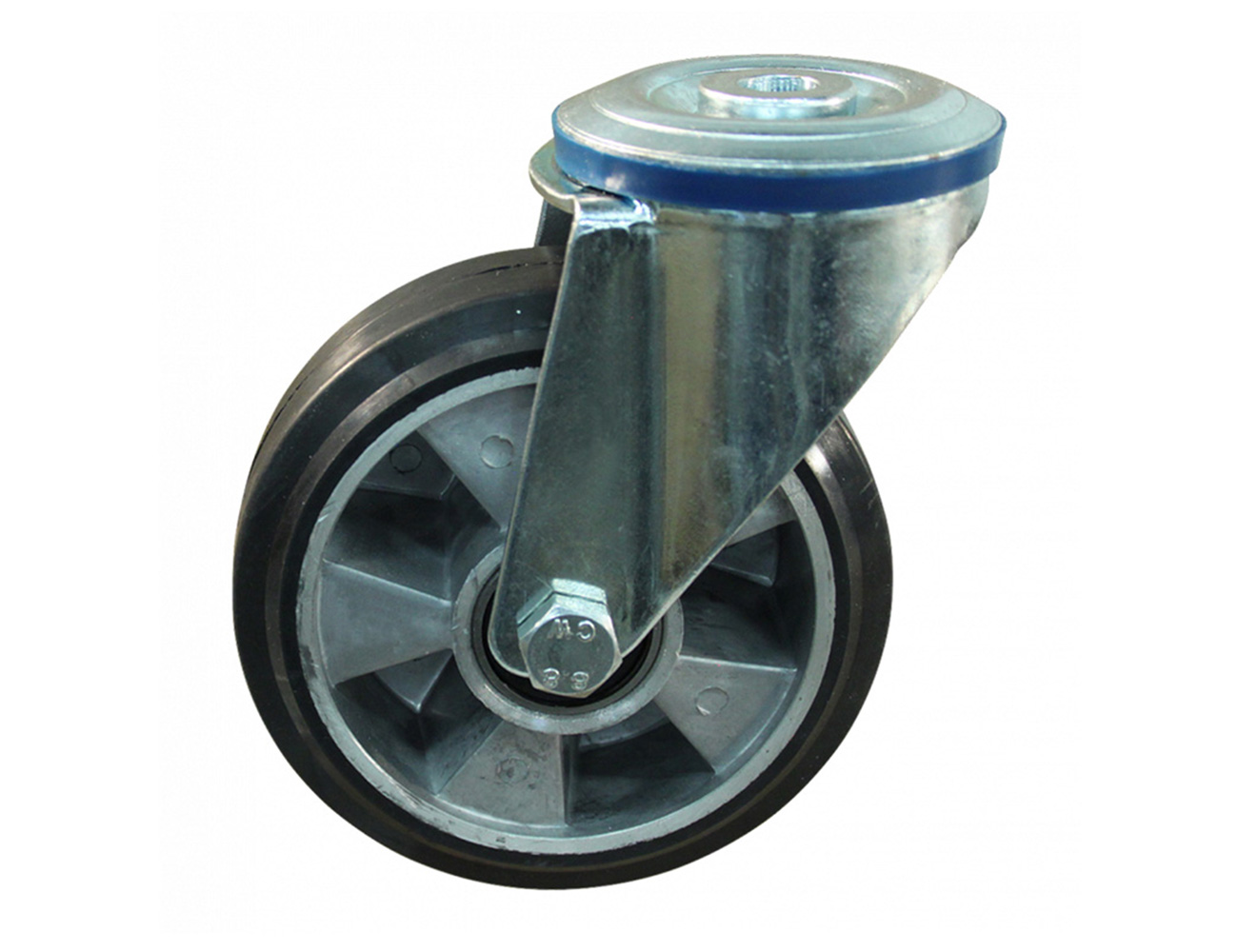 Heavy-duty swivel castor - rubber tyre on aluminium rim - mounting hole