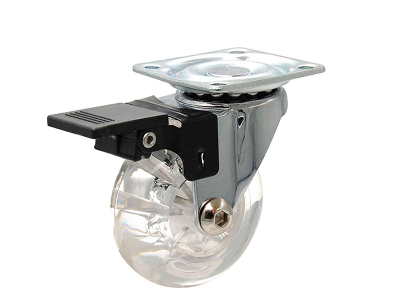Furniture swivel castor inline with brake – plate fix – transparent