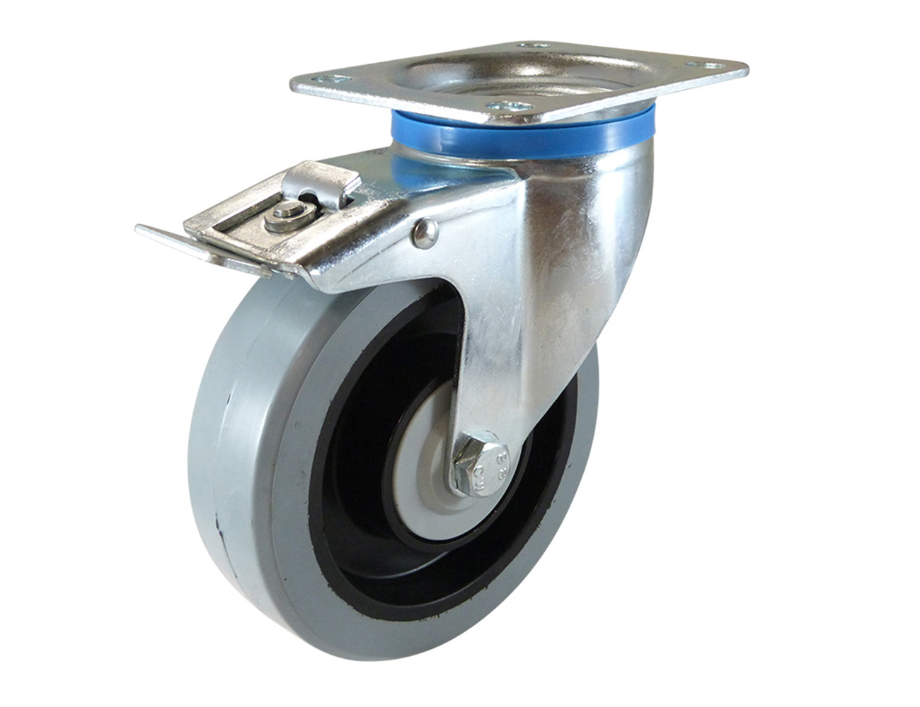 Swivel castor with brake - mounting plate - elastic rubber tyre on plastic rim