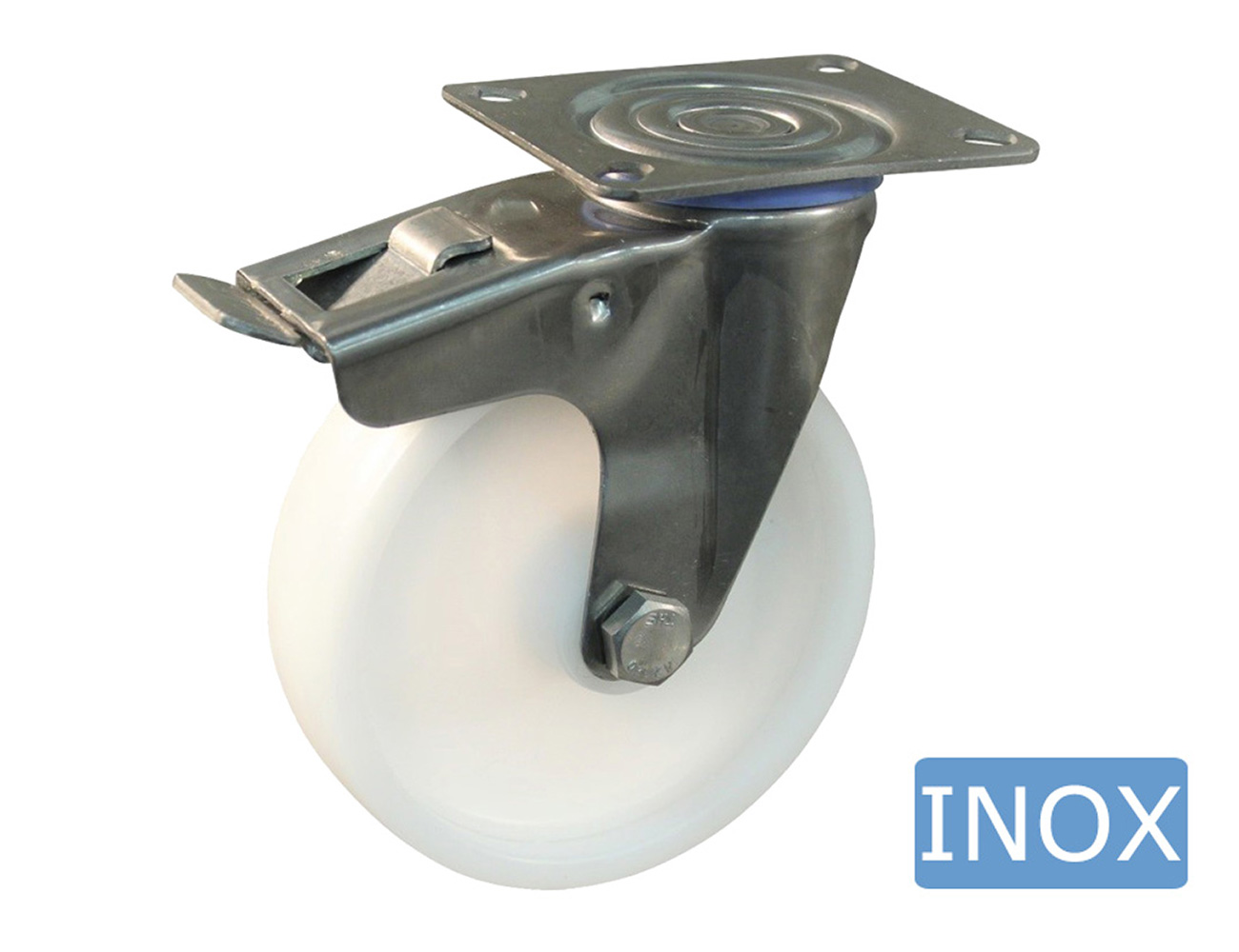 Stainless steel swivel castor with brake – mounting plate - polyamide wheel