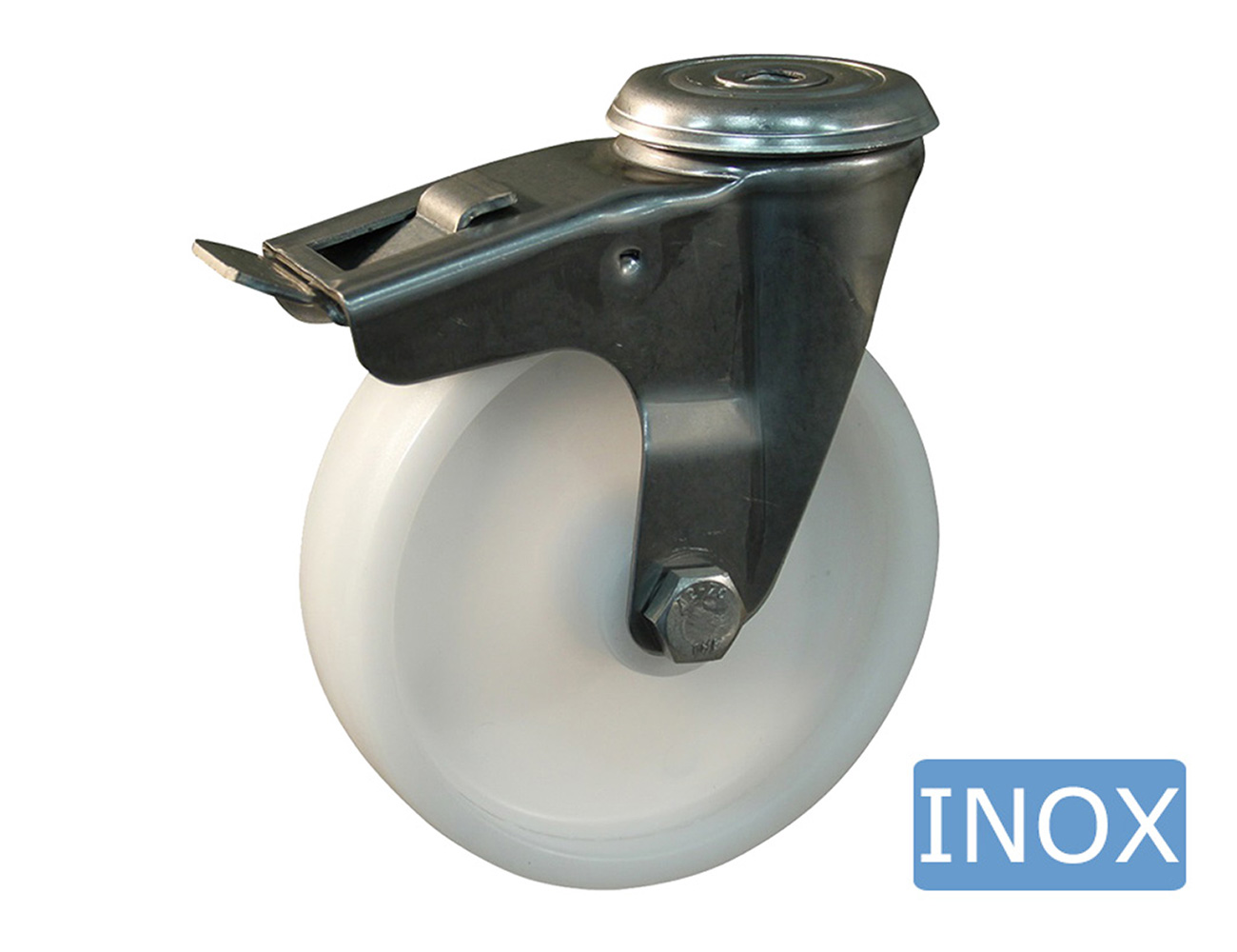 Stainless steel swivel castor with brake  – centre mounting hole - polyamide wheel