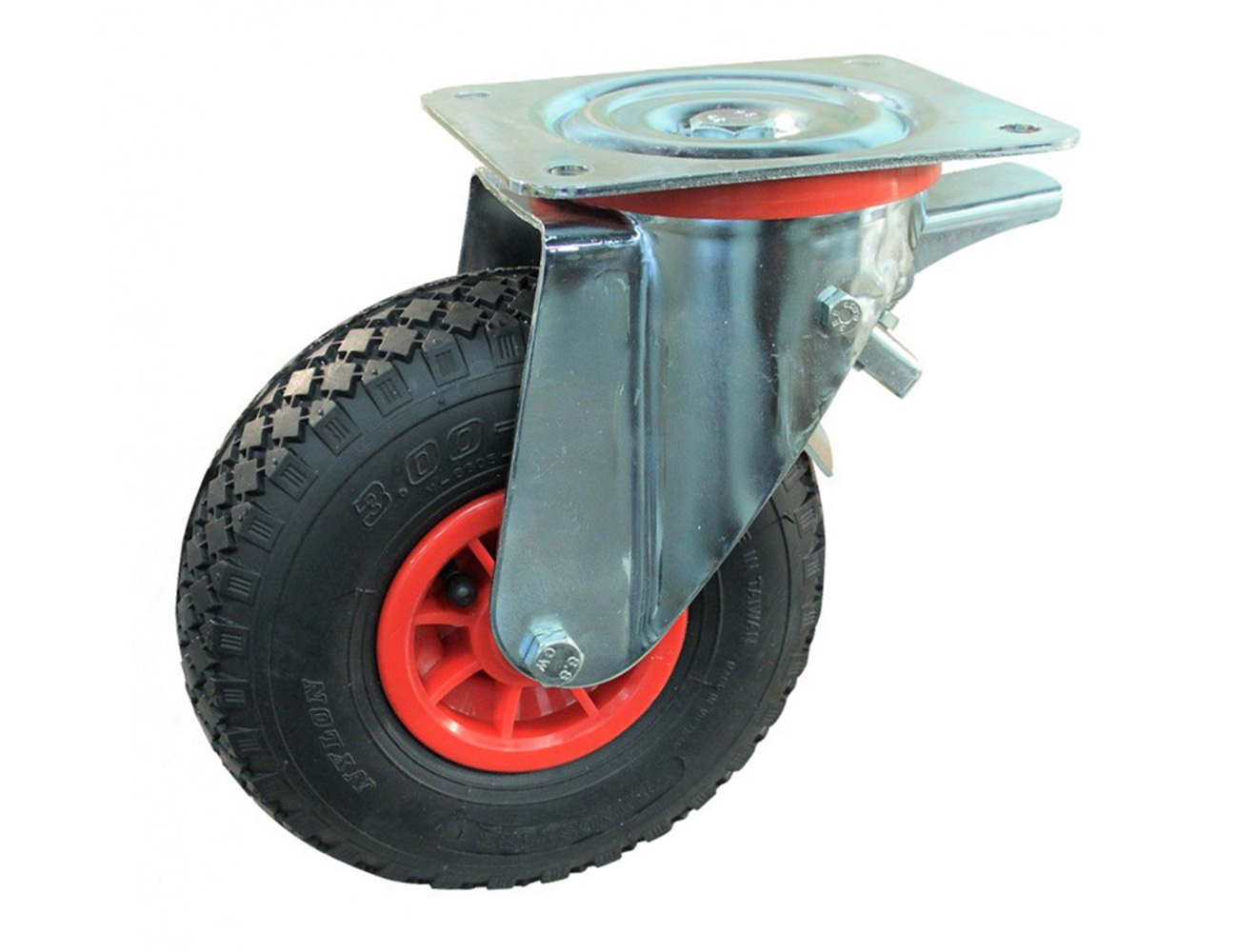 Swivel castor with brake – mounting plate - pneumatic tyre on plastic rim