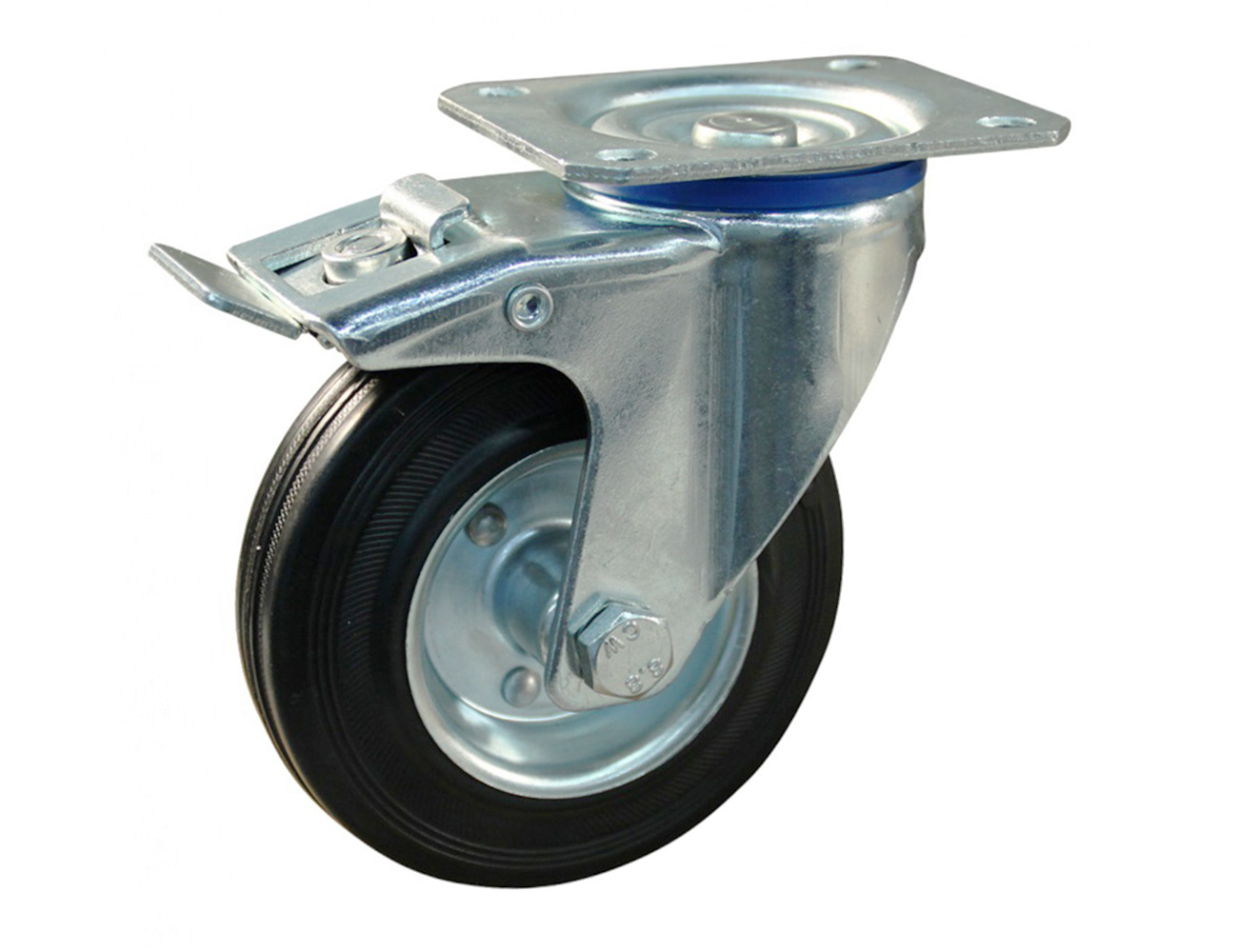 Swivel castor with brake - mounting plate - solid rubber tyre on steel rim