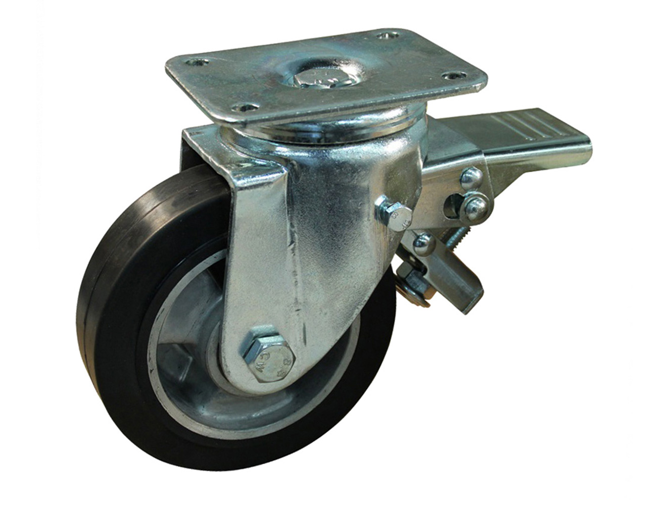 Heavy-duty swivel castor with brake - rubber tyre on aluminium rim