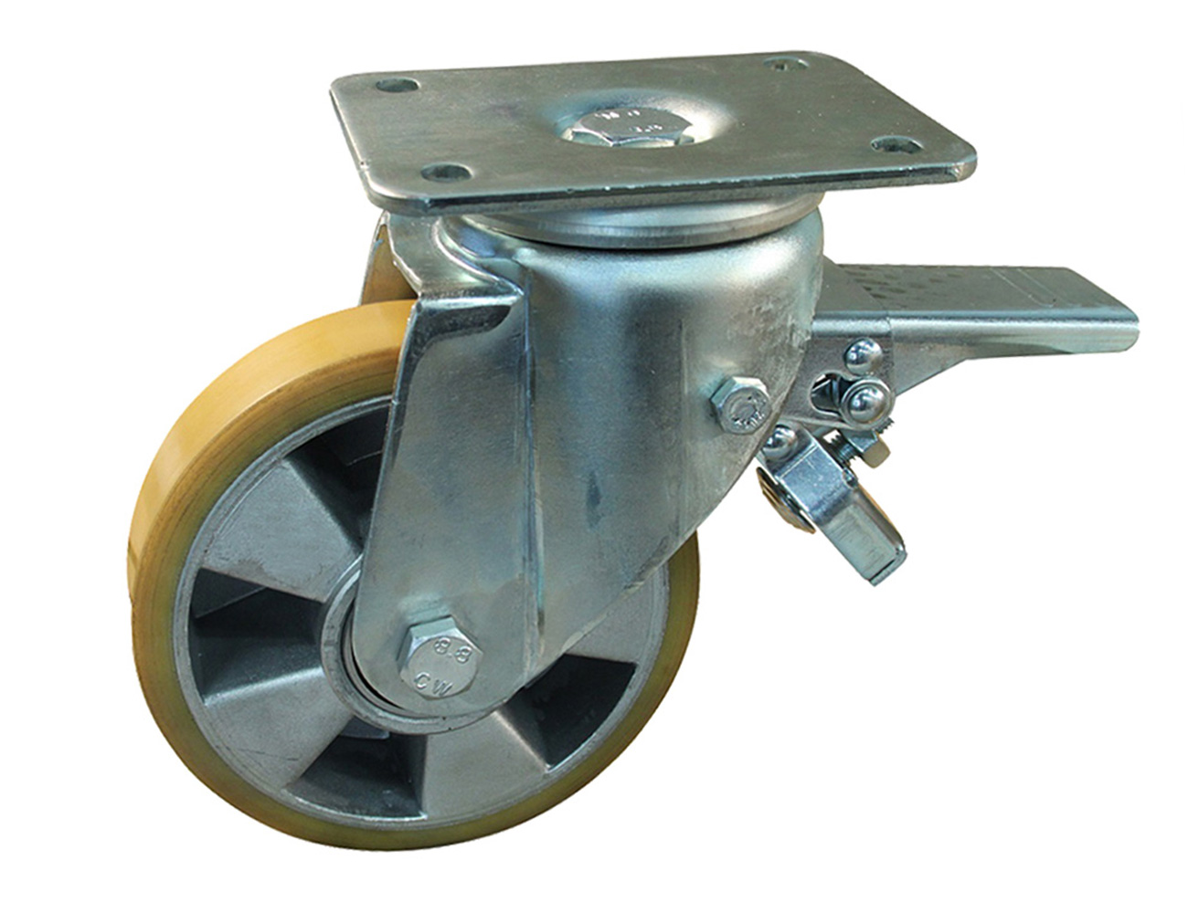 Heavy-duty swivel castor with brake - PU tyre on aluminium rim